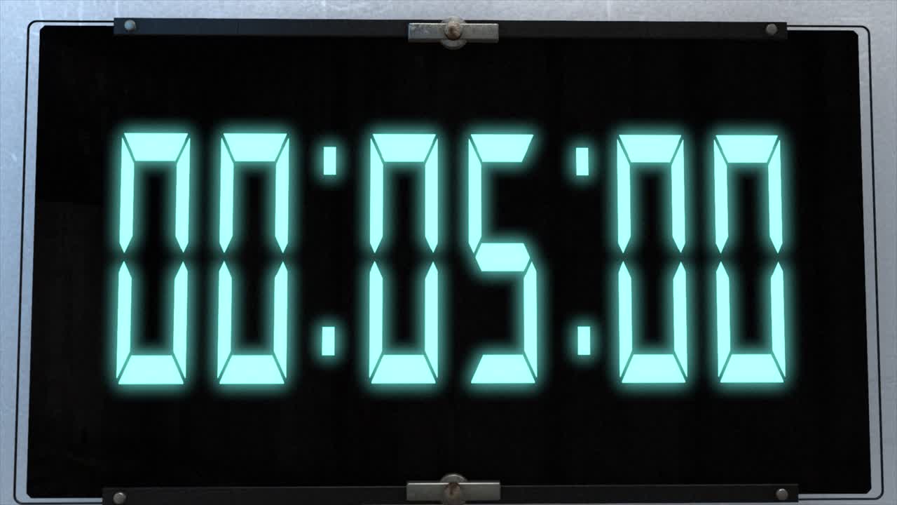 High quality CGI render of a digital countdown timer on a wall-mounted screen on a pale wall, with glowing blue numbers, counting down from 10 to zero, with with camera slowly pushing in dramatically