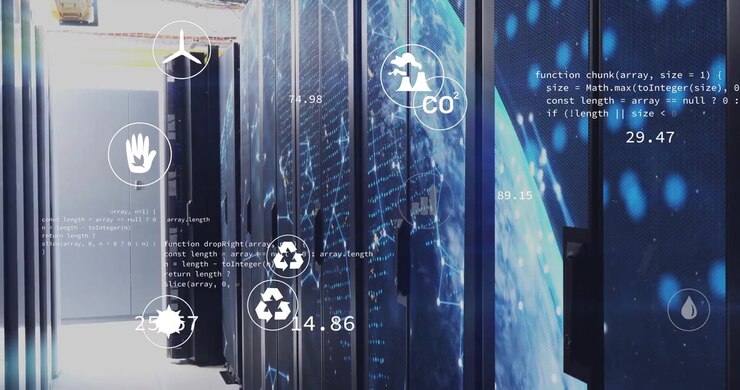 On scene start icons floating around server racks updating emission metrics monitoring resource use