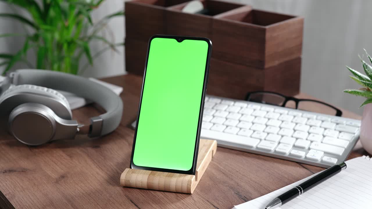 teléfono inteligente con pantalla verde en un escritorio