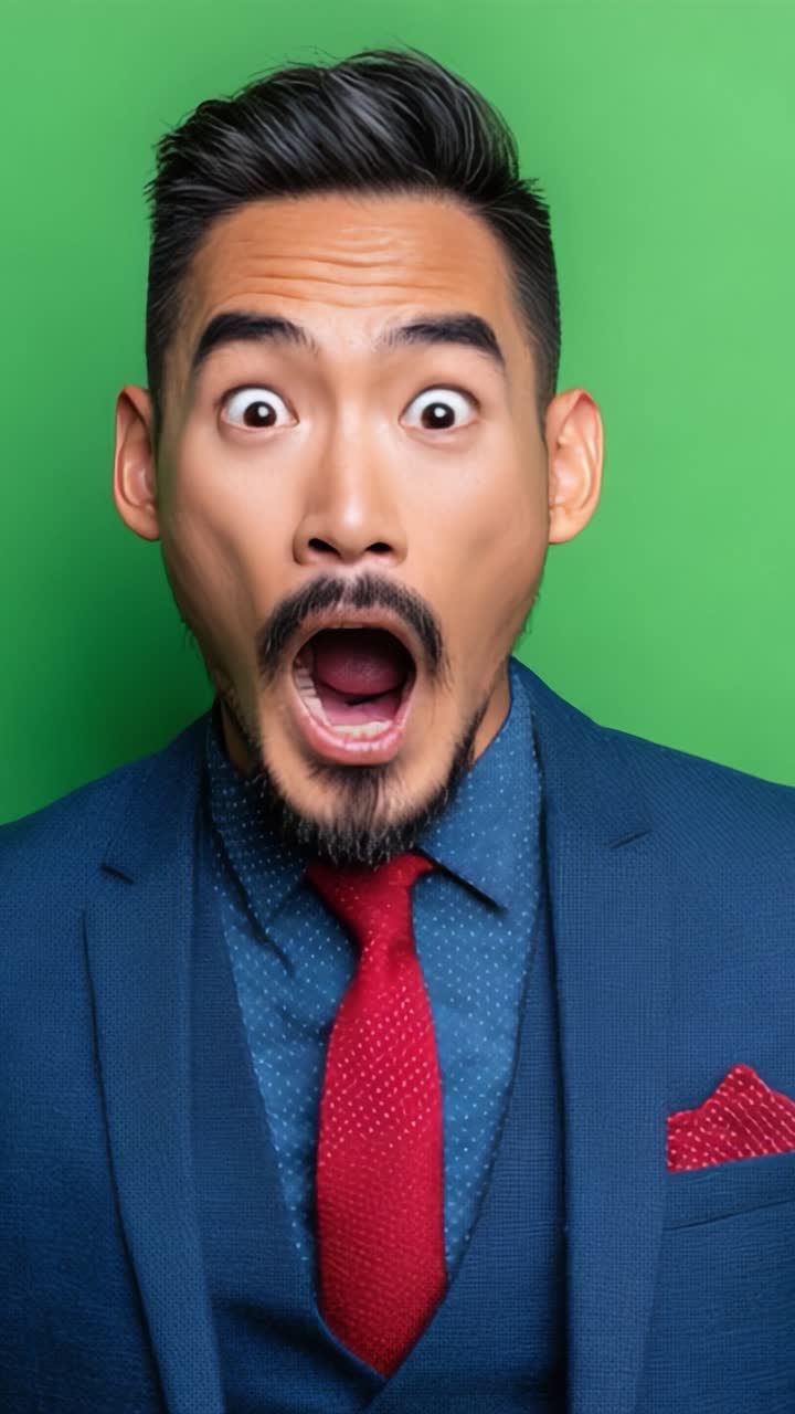 Astonished and Amused: A Man's Transition from Shocked to Silly Expression in a Vibrant Green Background Captured in Two Frames