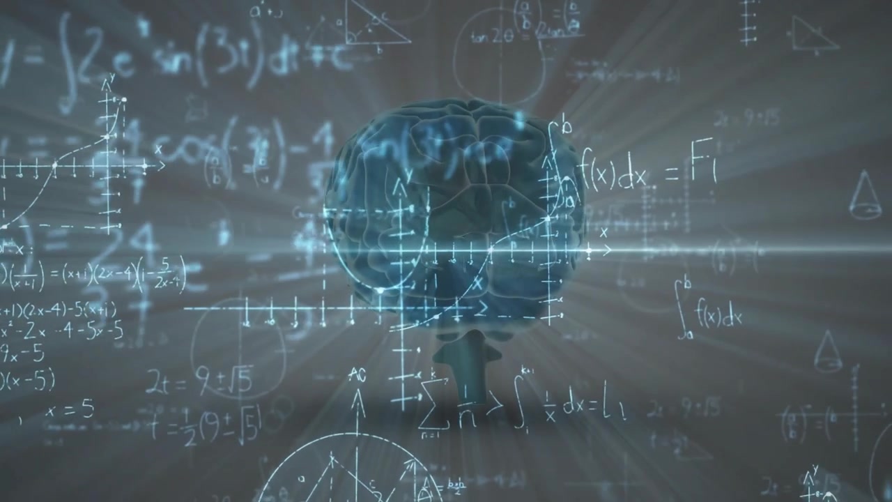 At sequence start, transparent 3D brain rotating with equations swirling and glowing for synthesis