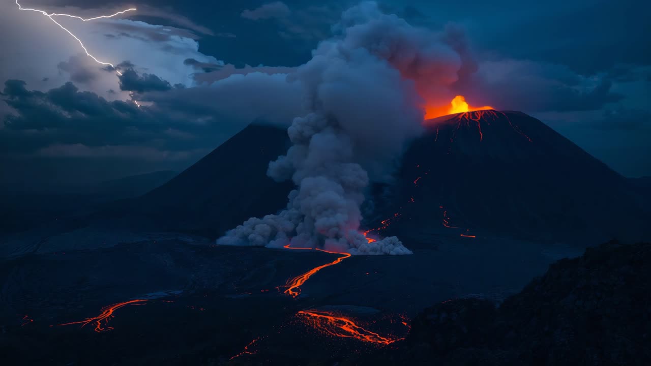 Volcanic Eruption at Night with Lightning