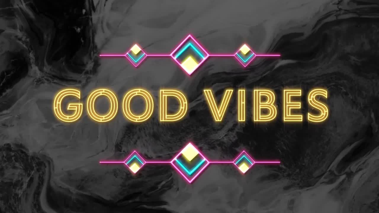 Animation of text good vibes in yellow neon, over black swirl background