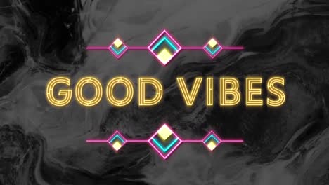 animation of text good vibes in yellow neon, over black swirl background