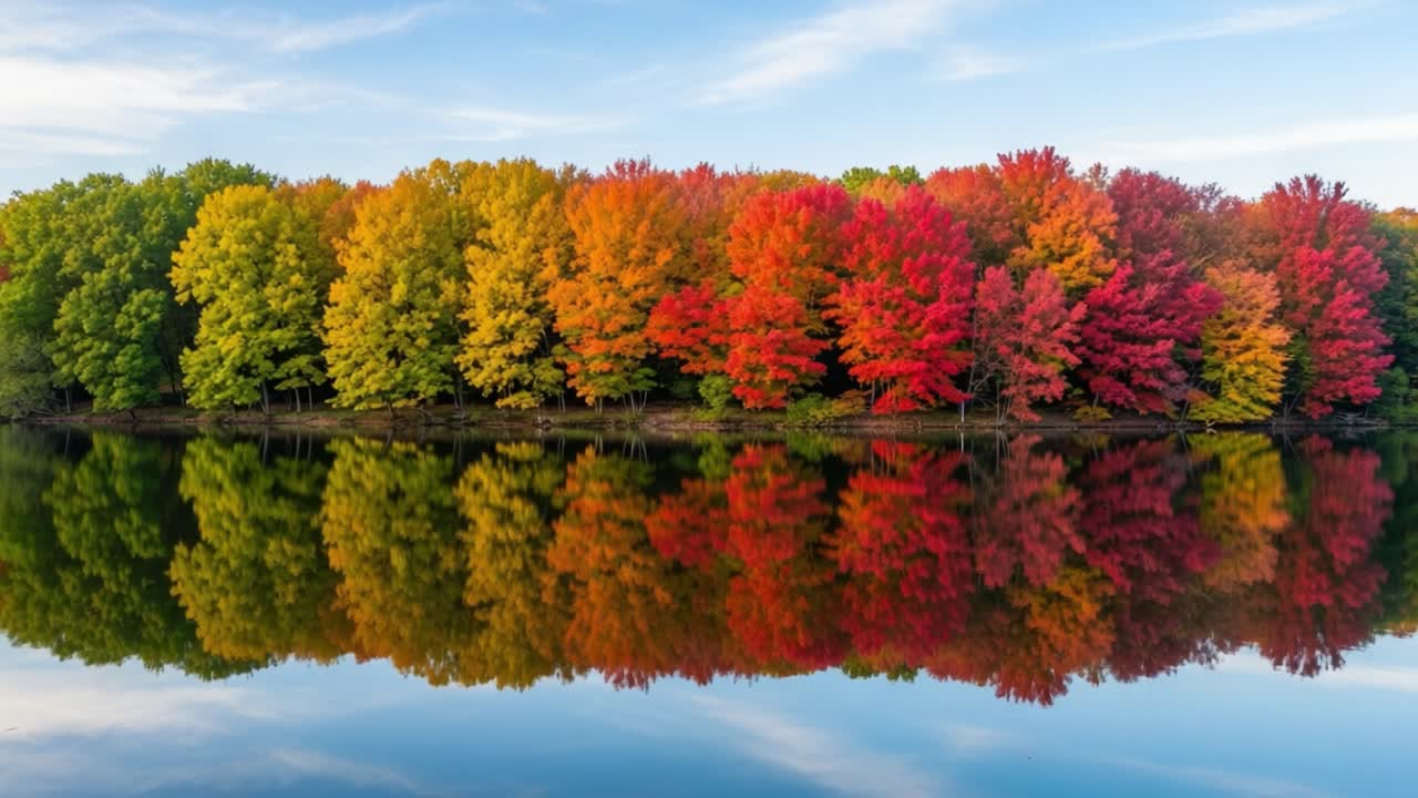 Vibrant Autumn Reflection: A Scenic View of Colorful Foliage Mirrored in the Calm Waters at the End of Fall with Clear Skies and Serenity
