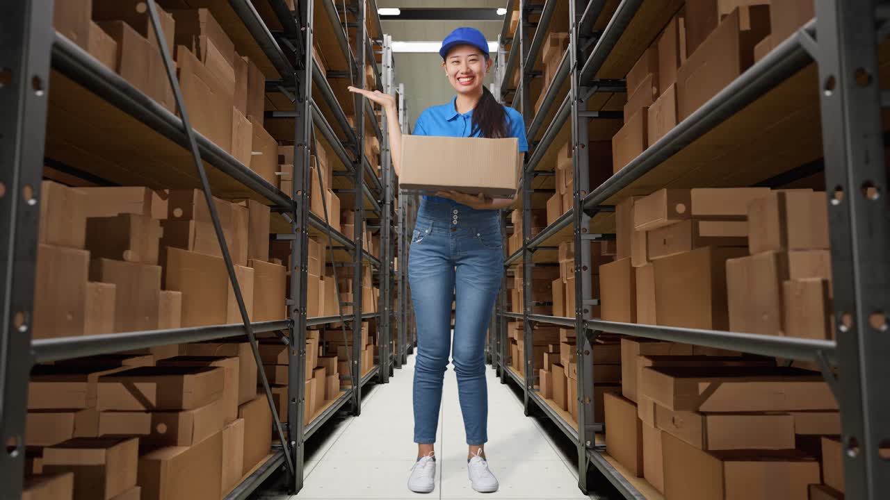 cuerpo lleno de mensajero femenino asiático en uniforme azul sonriendo y señalando al lado mientras entrega una caja en el almacén