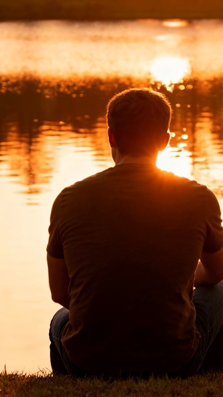 Vertical video: Sitting man in dark tee and jeans by lake watching sunset as sun lowers, reflecting