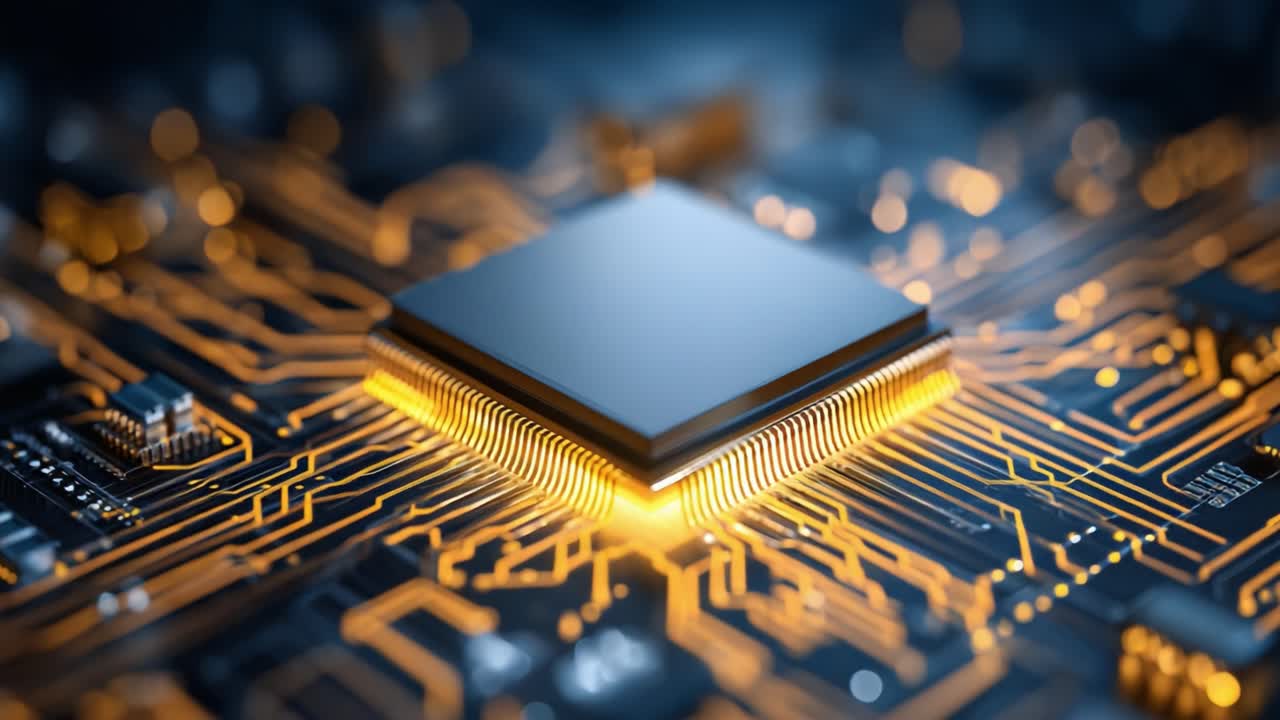 A Close-Up View of a Modern Microprocessor on a Circuit Board, Highlighting Intricate Wiring and Illuminated Connections for Advanced Computing Technology