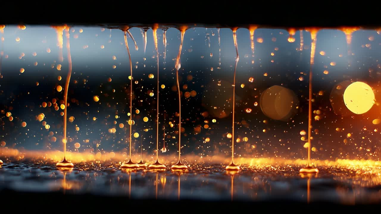 Beautifully Captured Raindrops Cascading Over a Surface, Reflecting Glowing Lights Creating a Stunning Play of Colors and Textures in this Magical Natural Scene