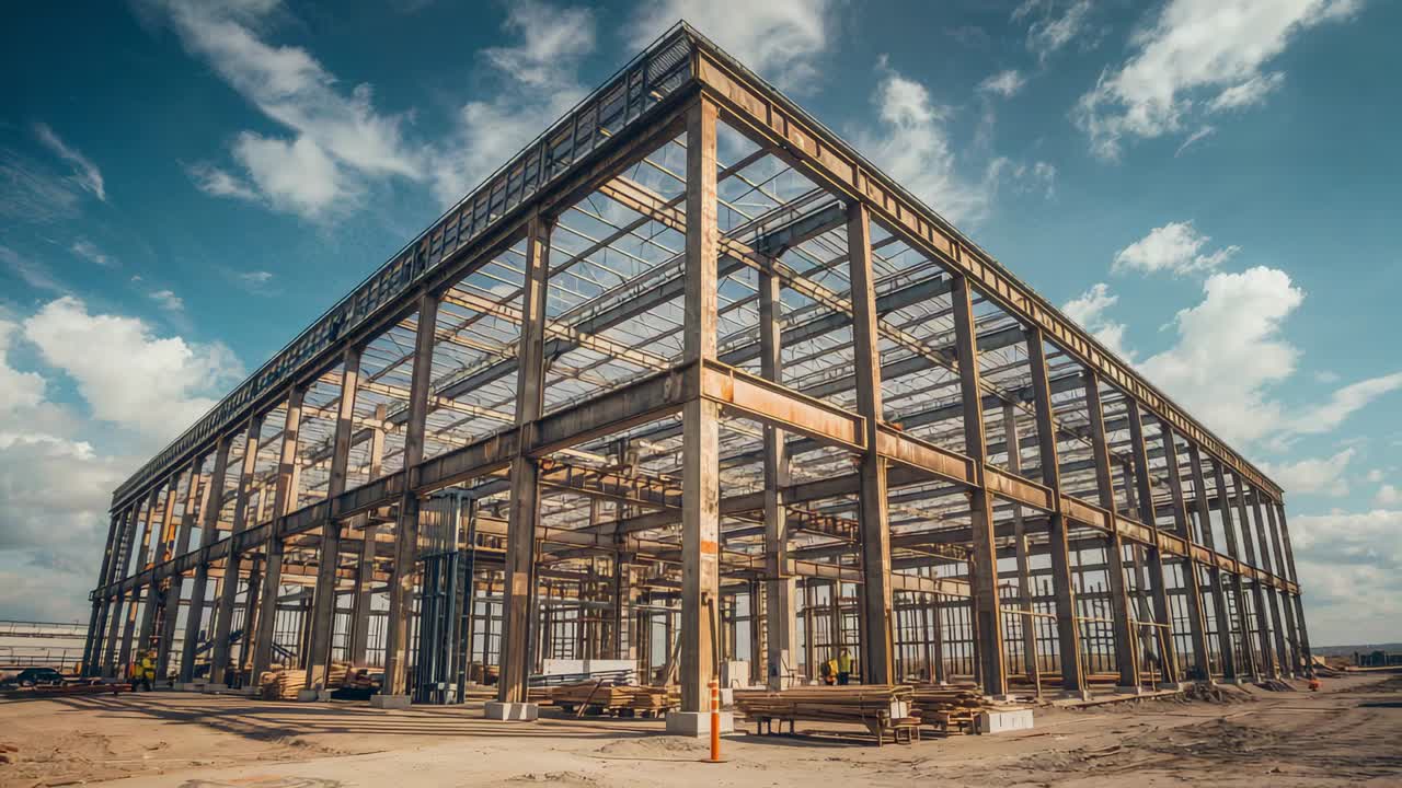 Cranes hoisting steel beams and bolting onto columns on sandy lot, assembling hall framework