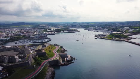 aerial wide shot overlooking plymouth sunny day