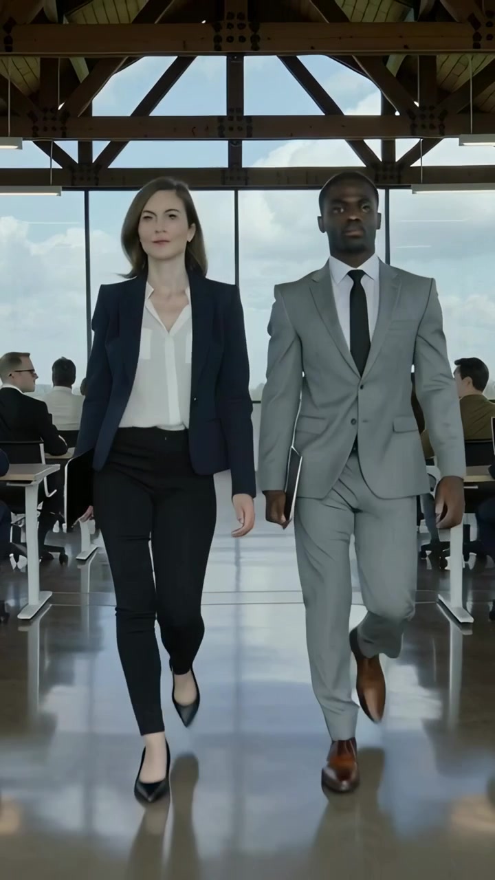 Vertical video: Walking duo from center in suits going to camera in office, with folder and tablet