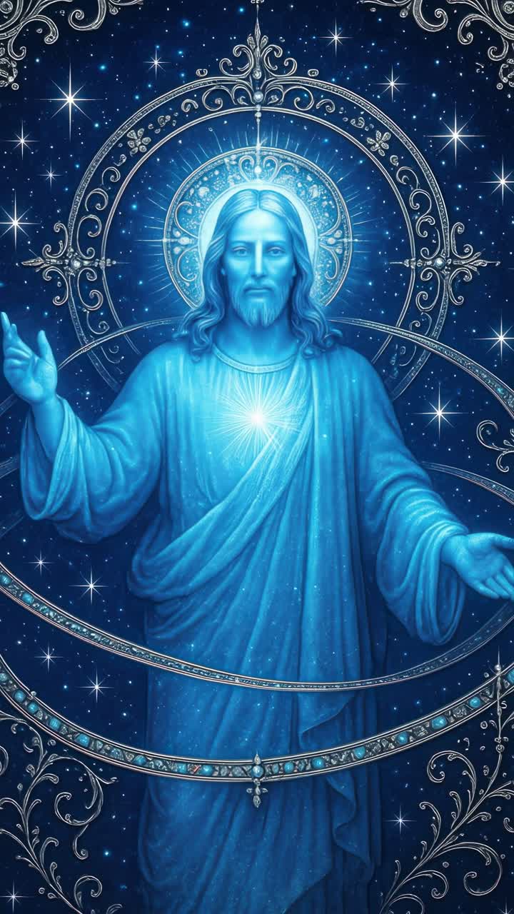 Figura celeste in blu, angolazione frontale, circondata da stelle e motivi ornamentali, stile video