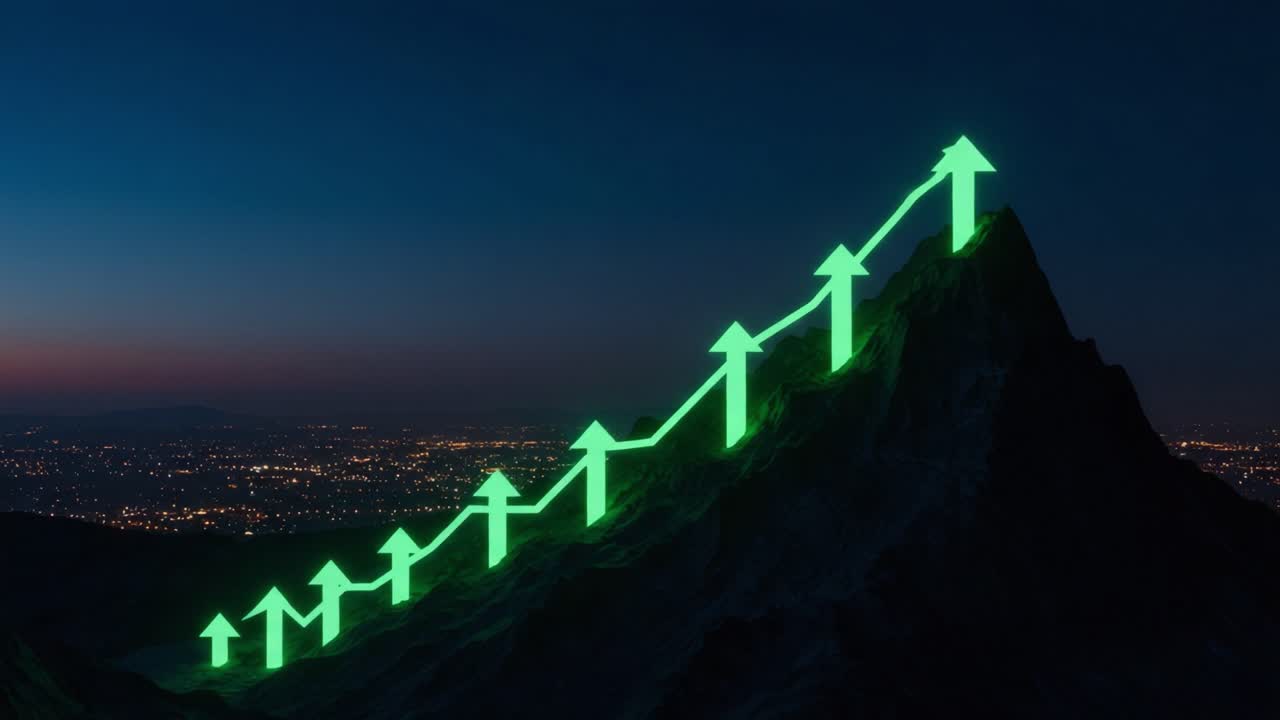 Illuminating Progress: A Mesmerizing Mountain Display with Bright Green Arrows Signifying Ascending Growth Against a Starlit Sky