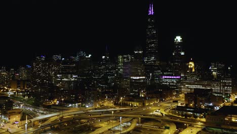 Establishing-Shot-of-Chicago-Highways-at-Night-with-Skyline-in-Background