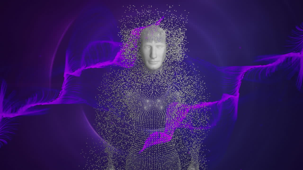 Purple light trails over purple exploding against blue spots of light