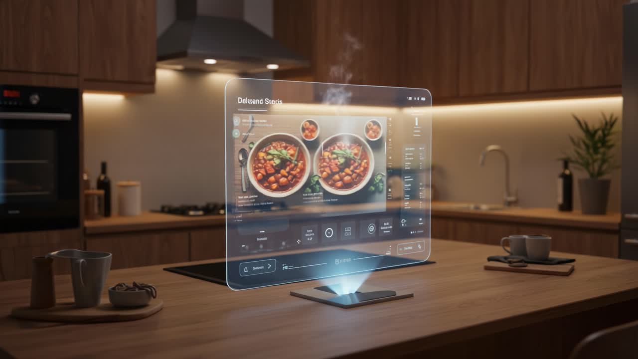 A futuristic kitchen scene showcasing a holographic device displaying delicious meal options, emphasizing modern cooking technology and enhanced culinary experiences