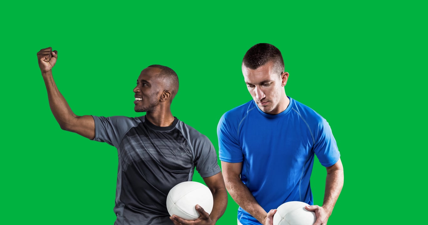 Two diverse male rugby players holding a rugby ball against copy space on transparent background