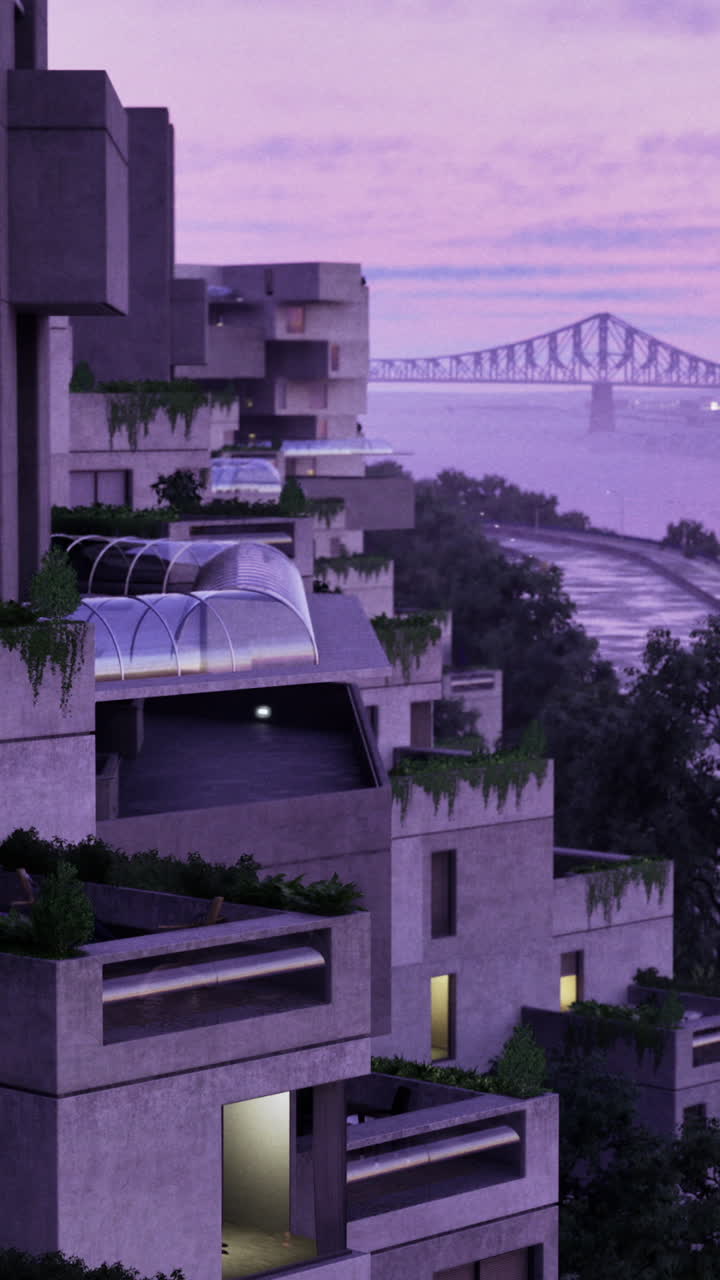 Modern residential buildings along a river at dusk with urban skyline backdrop