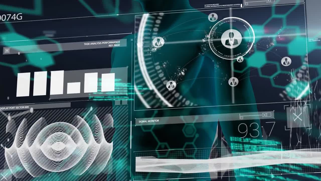 Animation of data processing over digital human on black background