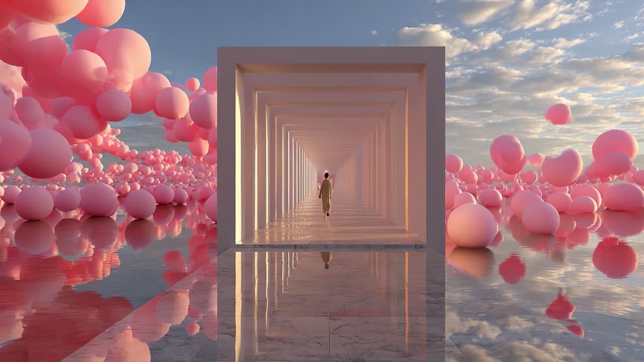 A surreal landscape featuring a person walking confidently through a series of white geometric arches, surrounded by vibrant pink balloons and a reflective surface under a partly cloudy sky