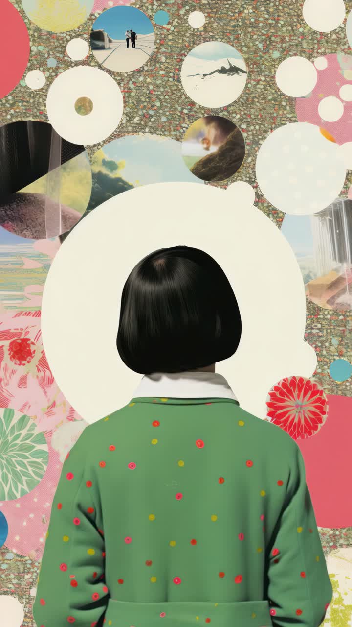 Surreal video concept with a rear view of a person in a green polka-dot outfit