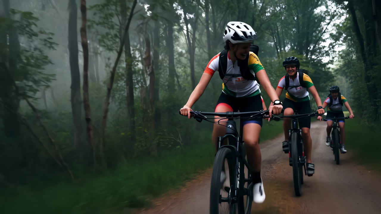 Group mountain biking on a forest trail