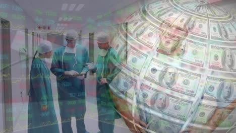 Animation-of-globe-formed-with-american-dollar-bills-over-diverse-surgeons