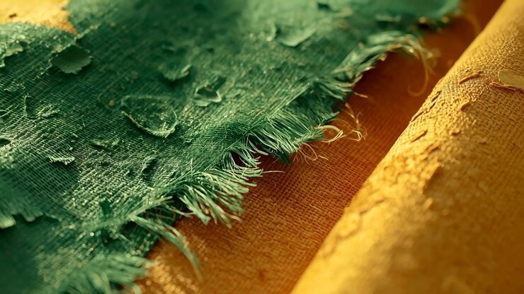 Shifting camera magnifying teal-green frayed fabric on orange roll in studio, revealing flakes