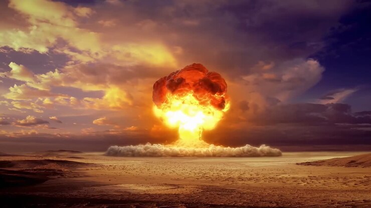 Dramatic low-angle video of a nuclear explosion, capturing a fiery mushroom cloud at sunset