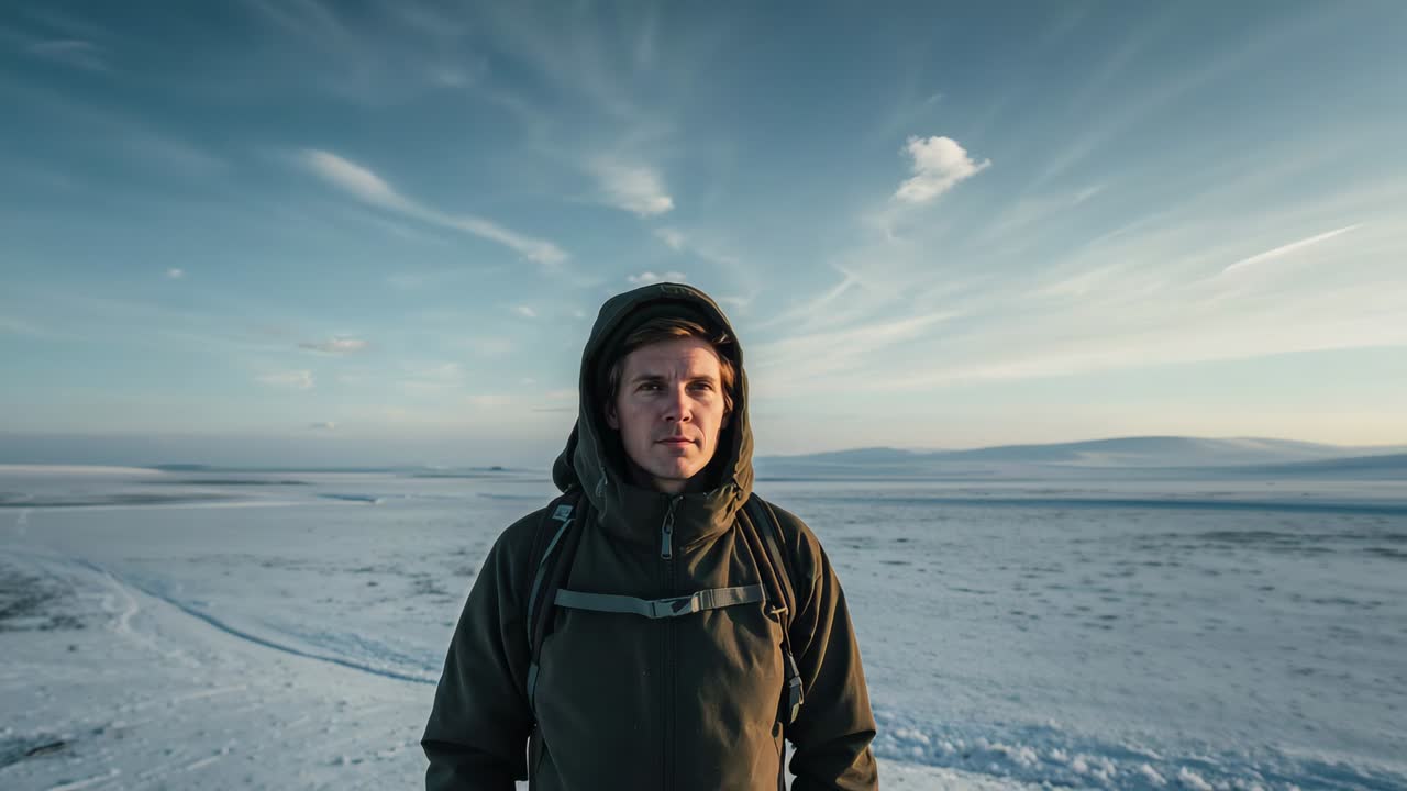 Turgåer i parkas med hette ser på fjerne åser, smiler og snur seg til høyre på en snødekt slette, ryggsekk synlig.