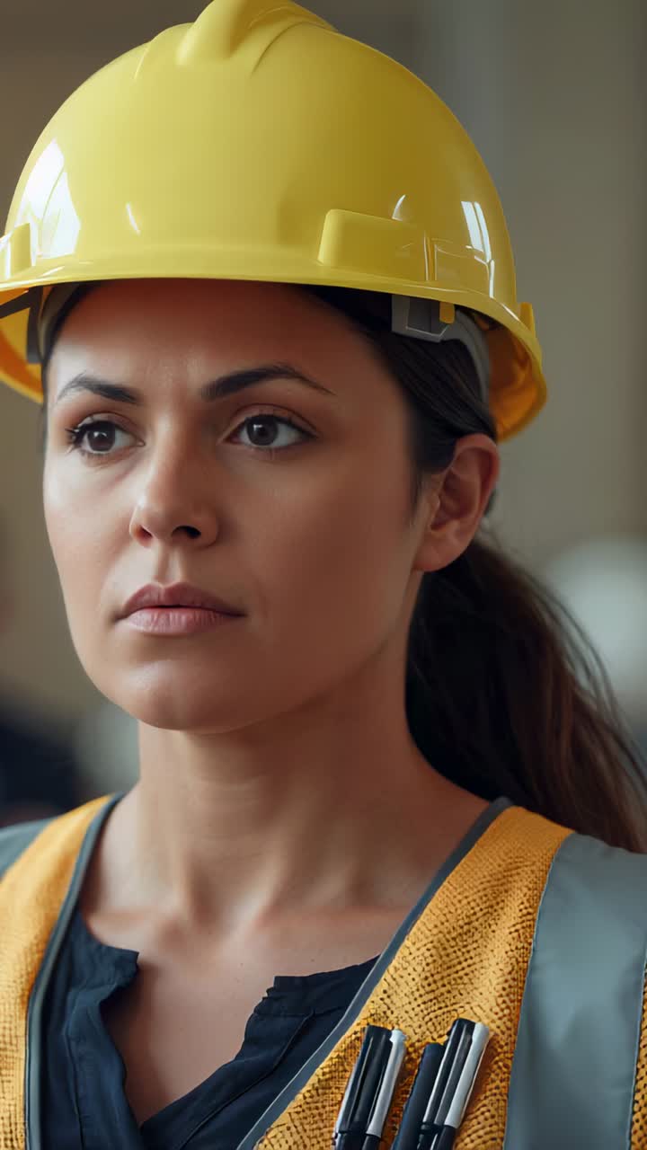 Vertical video: Opening eyes, site engineer focusing gaze on site wearing hard hat, vest and pens