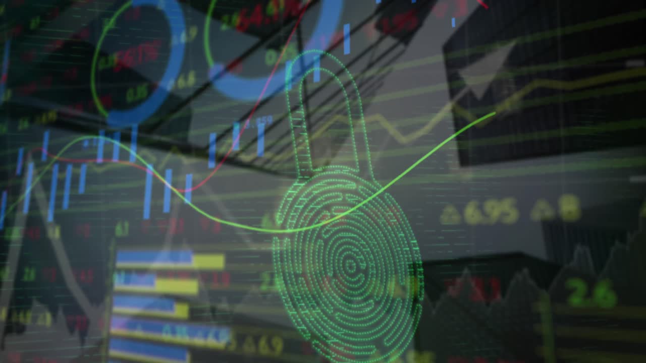 Animation of financial data, graphs and padlock with fingerprint over architecture