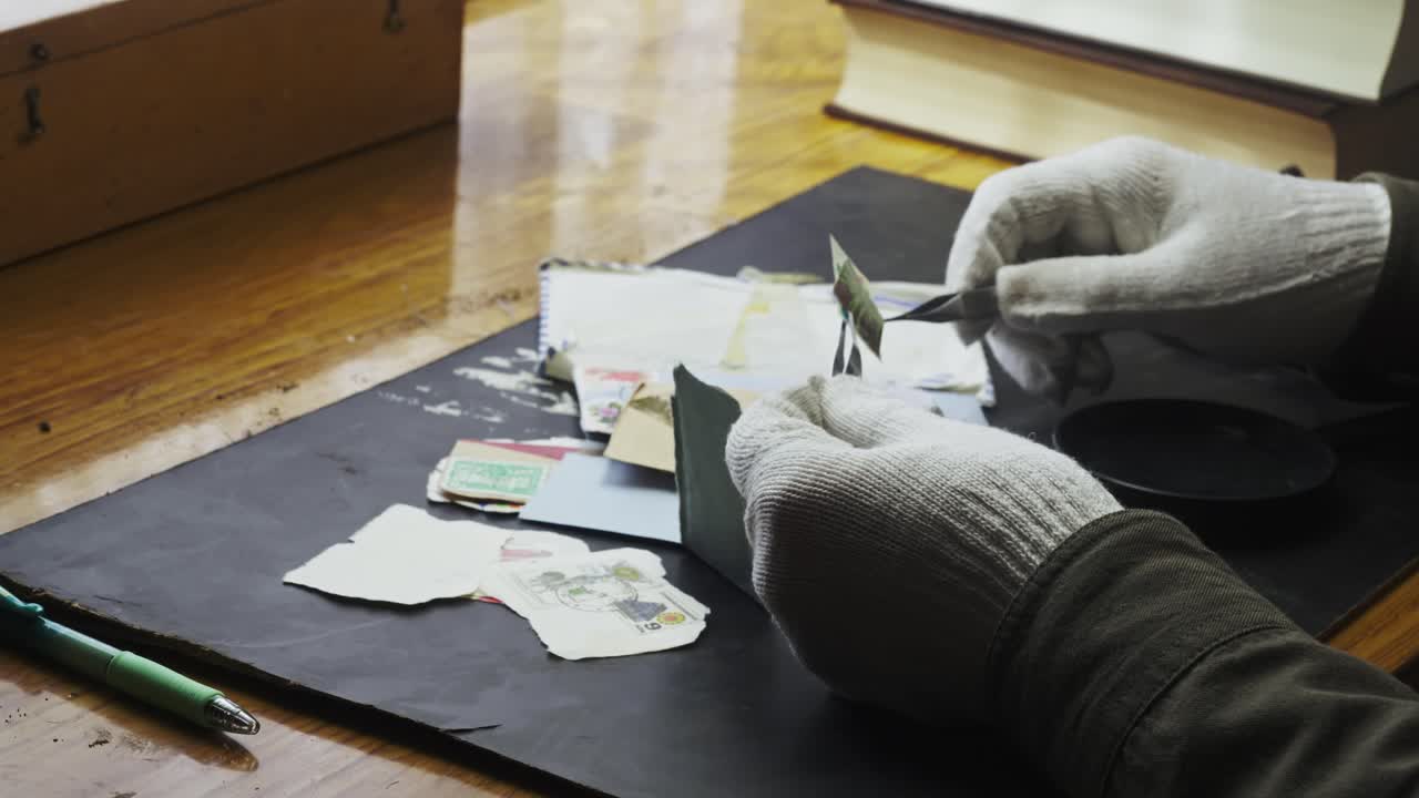 Stamp Collector inspecting Postage Stamp with Tweezers and Magnifier