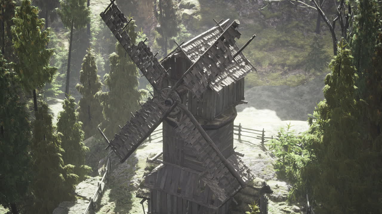 Historic wooden windmill stands amidst lush greenery in a tranquil setting