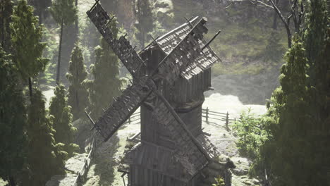 historic wooden windmill stands amidst lush greenery in a tranquil setting