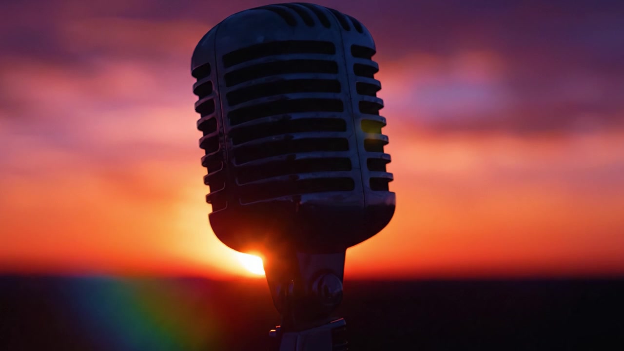 Un microfono vintage in silhouette contro un tramonto mozzafiato, che cattura l'essenza della musica e dell'espressione mentre il giorno si trasforma in notte