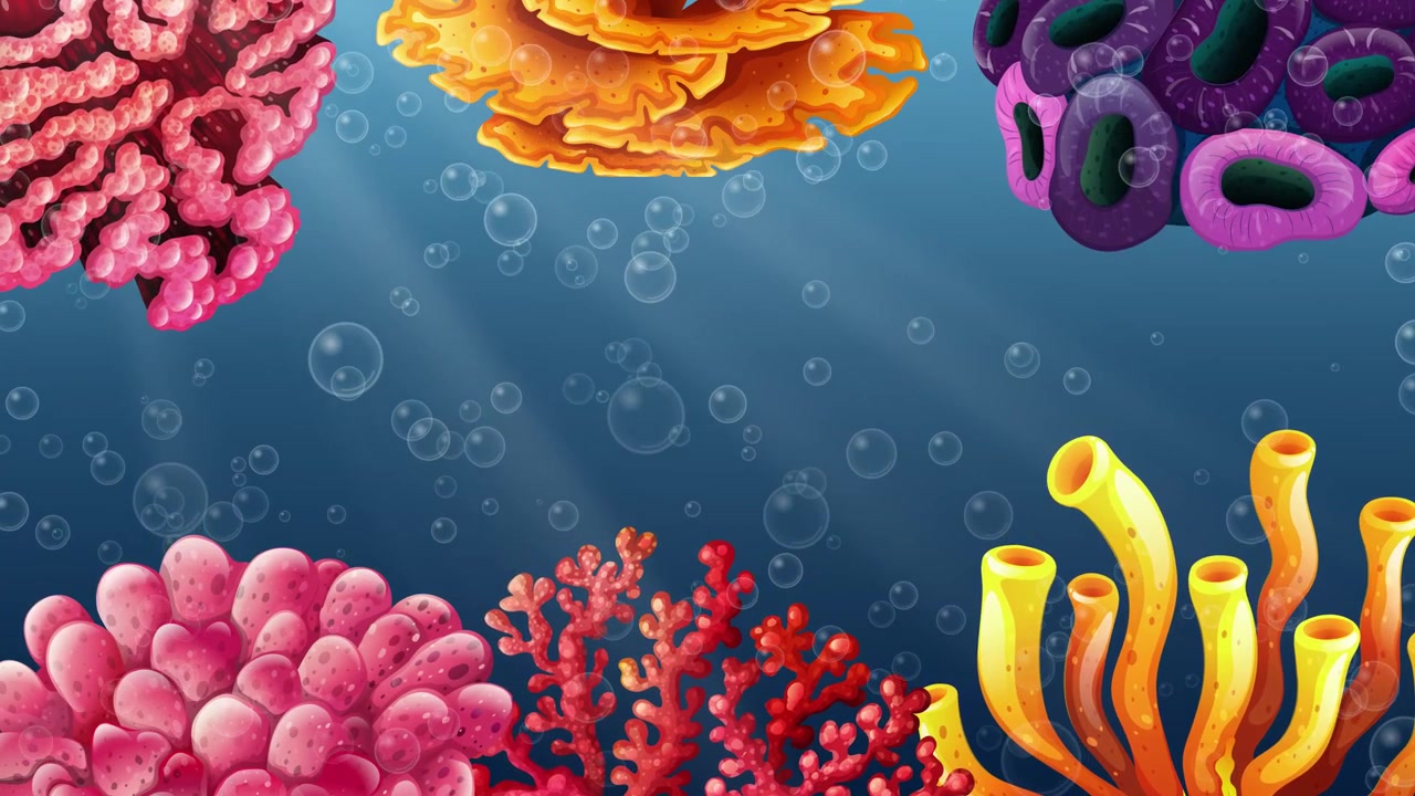 Scena subacquea animata con colorata barriera corallina e bolle che salgono.