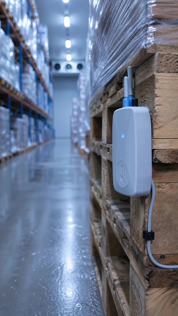 Piccolo dispositivo sensore intelligente wireless bianco montato su un pallet di legno in un grande magazzino di distribuzione