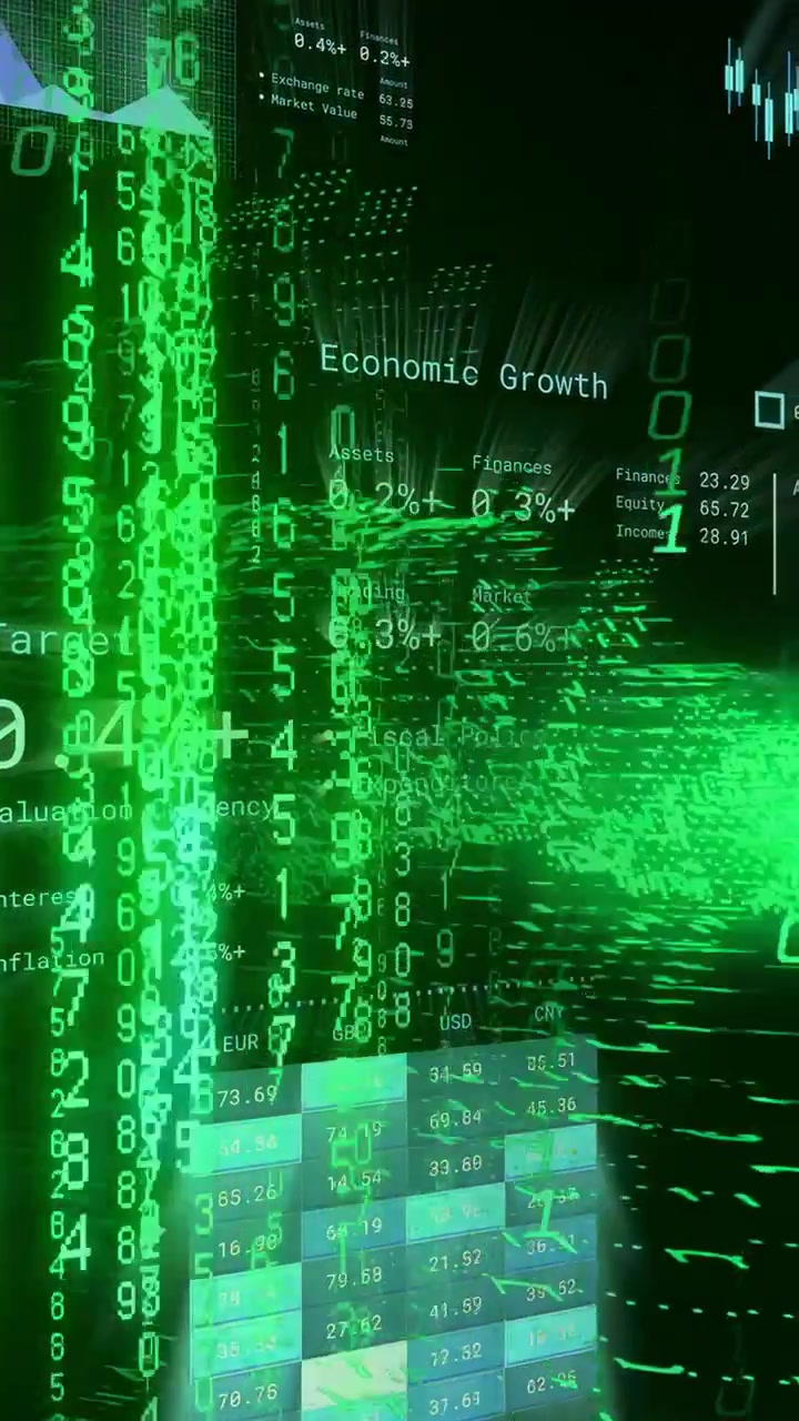 Vertical video: Green code starting HUD motion, panels shifting right to show growth metrics