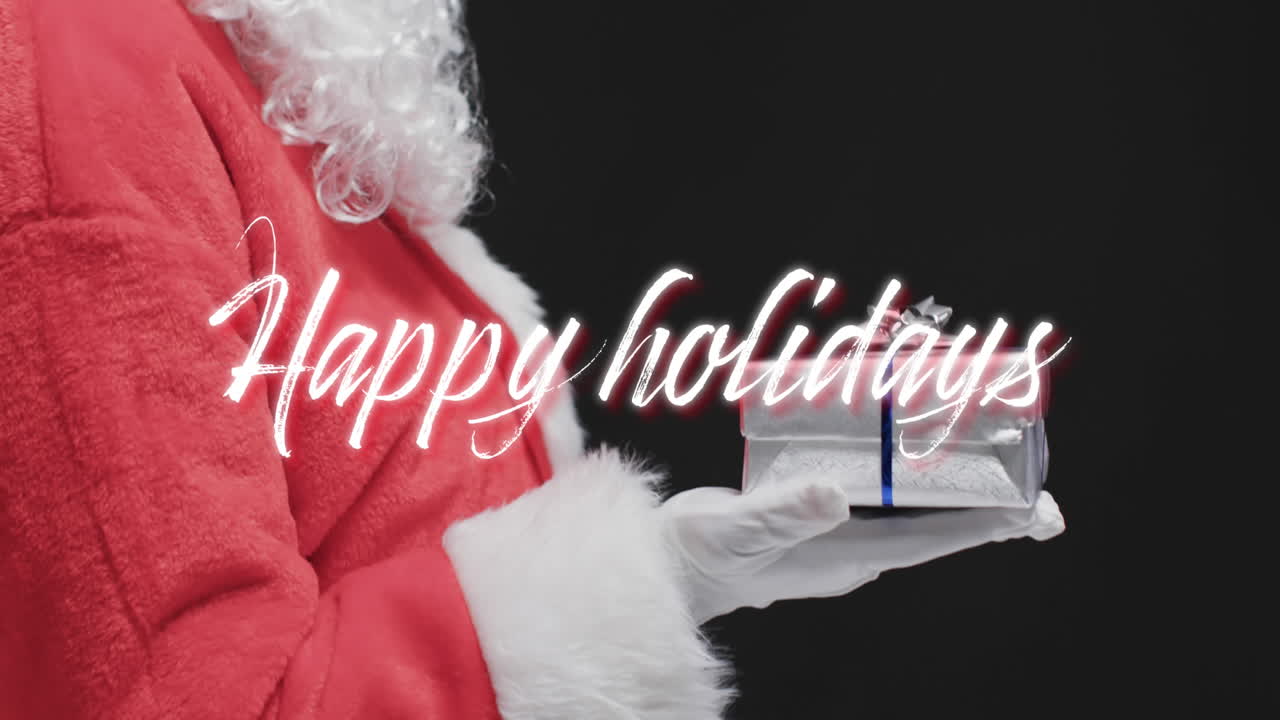 검은 바탕에 선물을 들고 있는 아버지 크리스마스 (father christmas) 에 대한 축하 문자