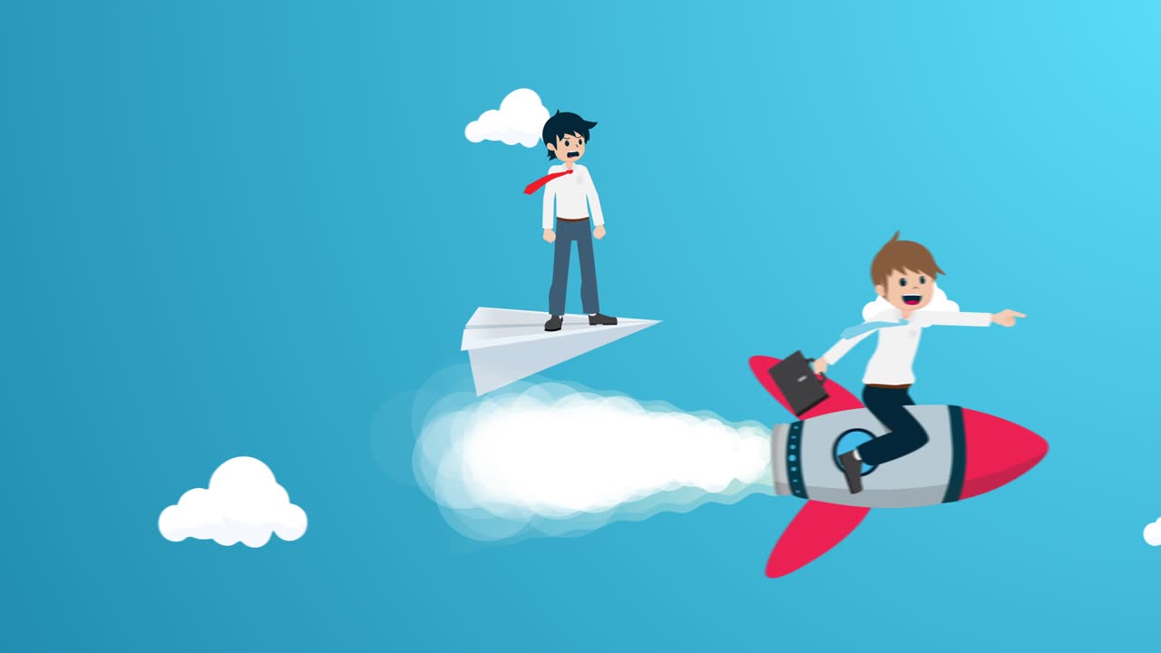 salario hombre de pie en el avión de papel perder a su oponente lado vista animación de bucle 4k. si no tenemos un plan y no está listo para prepararse hará que usted pierda