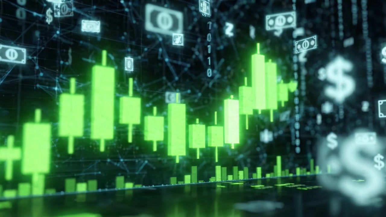 Representação Visual de Tendências do Mercado de Ações com Gráficos de Candlestick Verdes Indicando Comportamento de Alta e Análise de Dados em um Ambiente Digital