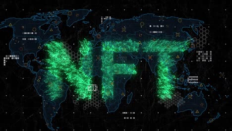 Animation-Von-NFT-Text-über-Weltkarte-Auf-Schwarzem-Hintergrund