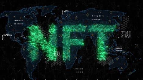 animation of nft text over world map on black background