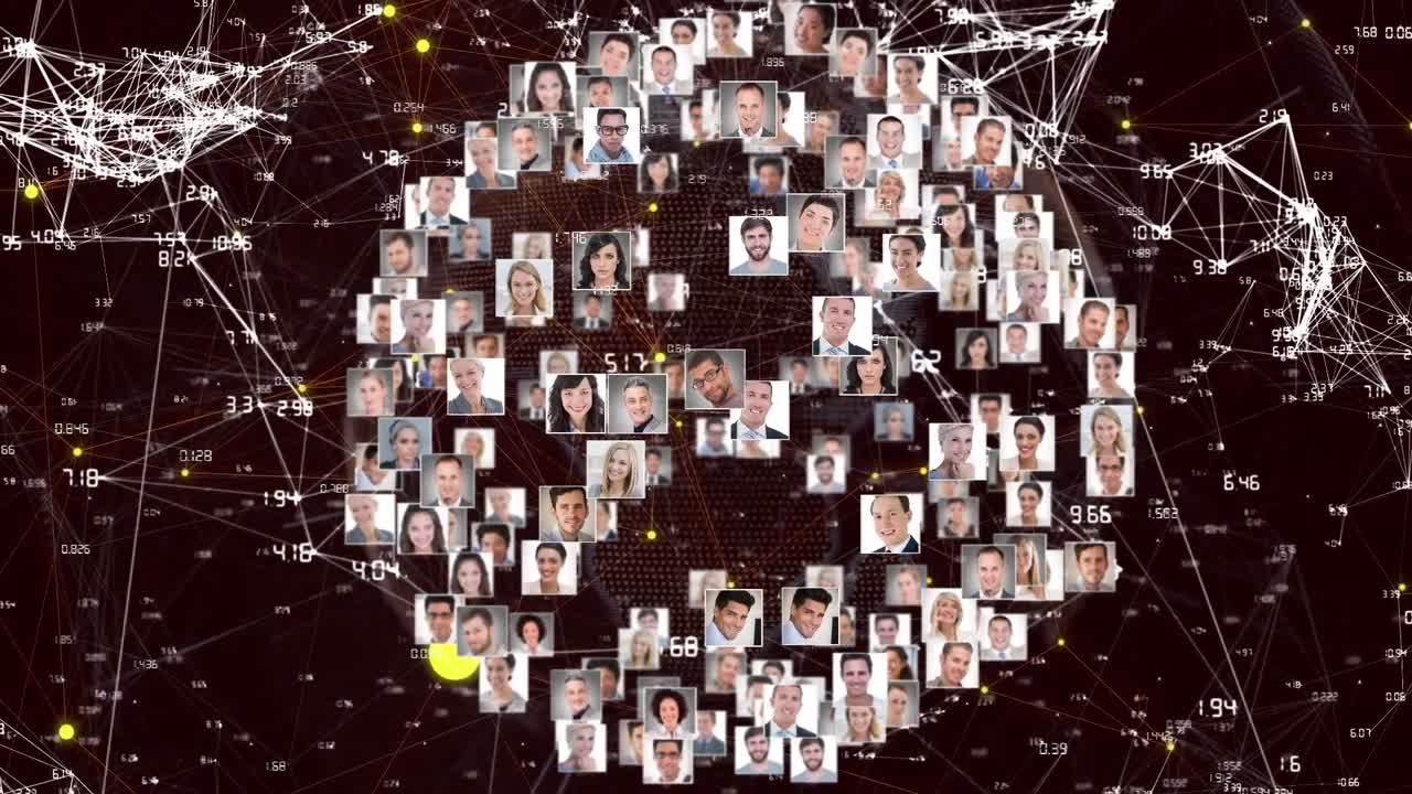 Animation of globe of network of connections with people's photos
