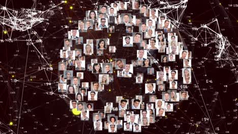 Animation-of-globe-of-network-of-connections-with-people's-photos