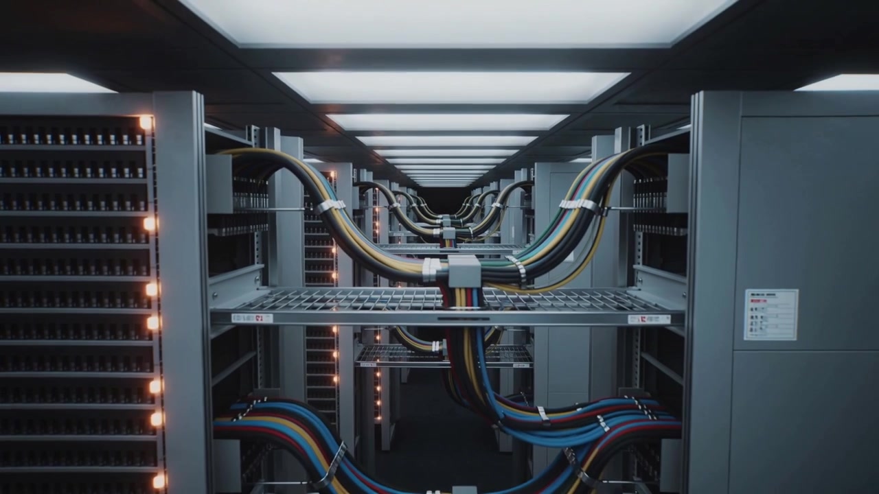 Kameraet trækker sig tilbage og afslører bundtede farvede kabler på bakker i et datacenter, hvilket viser omfanget.