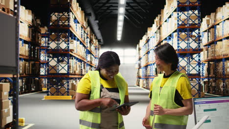 vertical video diverse staff members using tablet for order processing and fulfillment