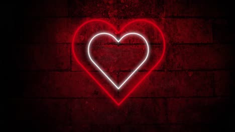 Animation-of-red-and-white-concentric-neon-hearts-flashing-on-dark-brick-wall-background